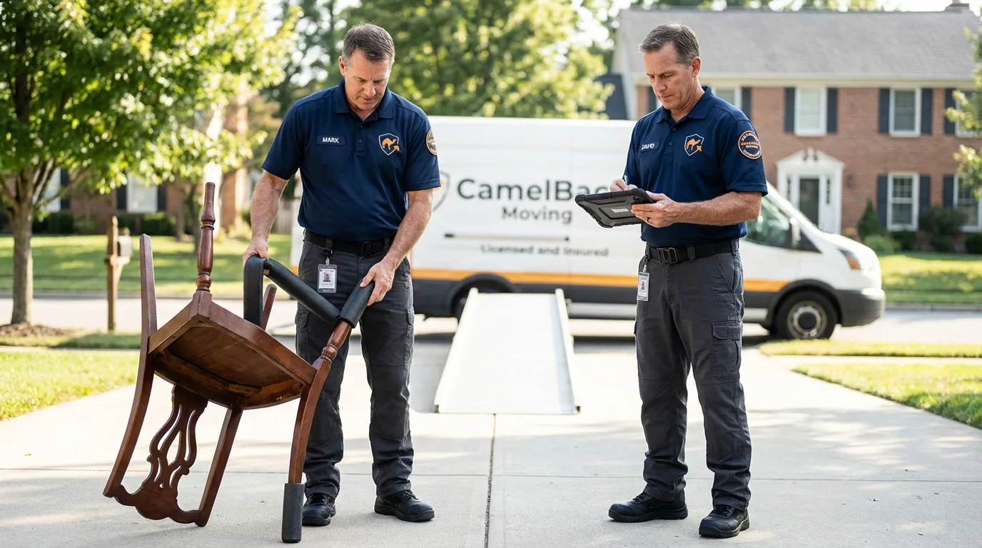 Movers inspecting furniture for damage prevention before loading in Contoocook, NH